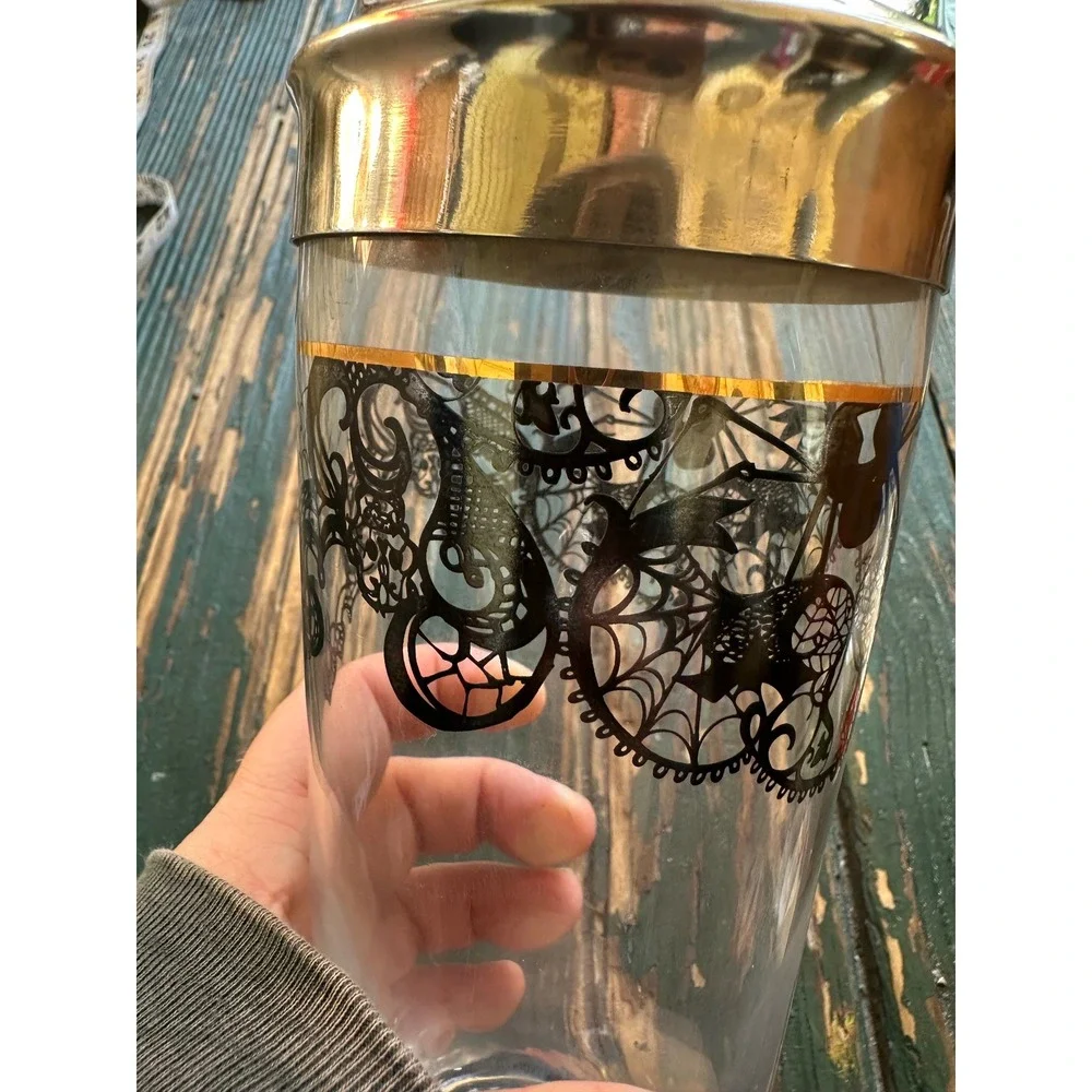 Gothic Spiderweb Glass Cocktail Shaker Gold Spider Black Lace Filigree Halloween